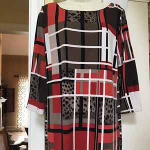 Tribal black orange white & animal print checked design tunic style top Sz Med